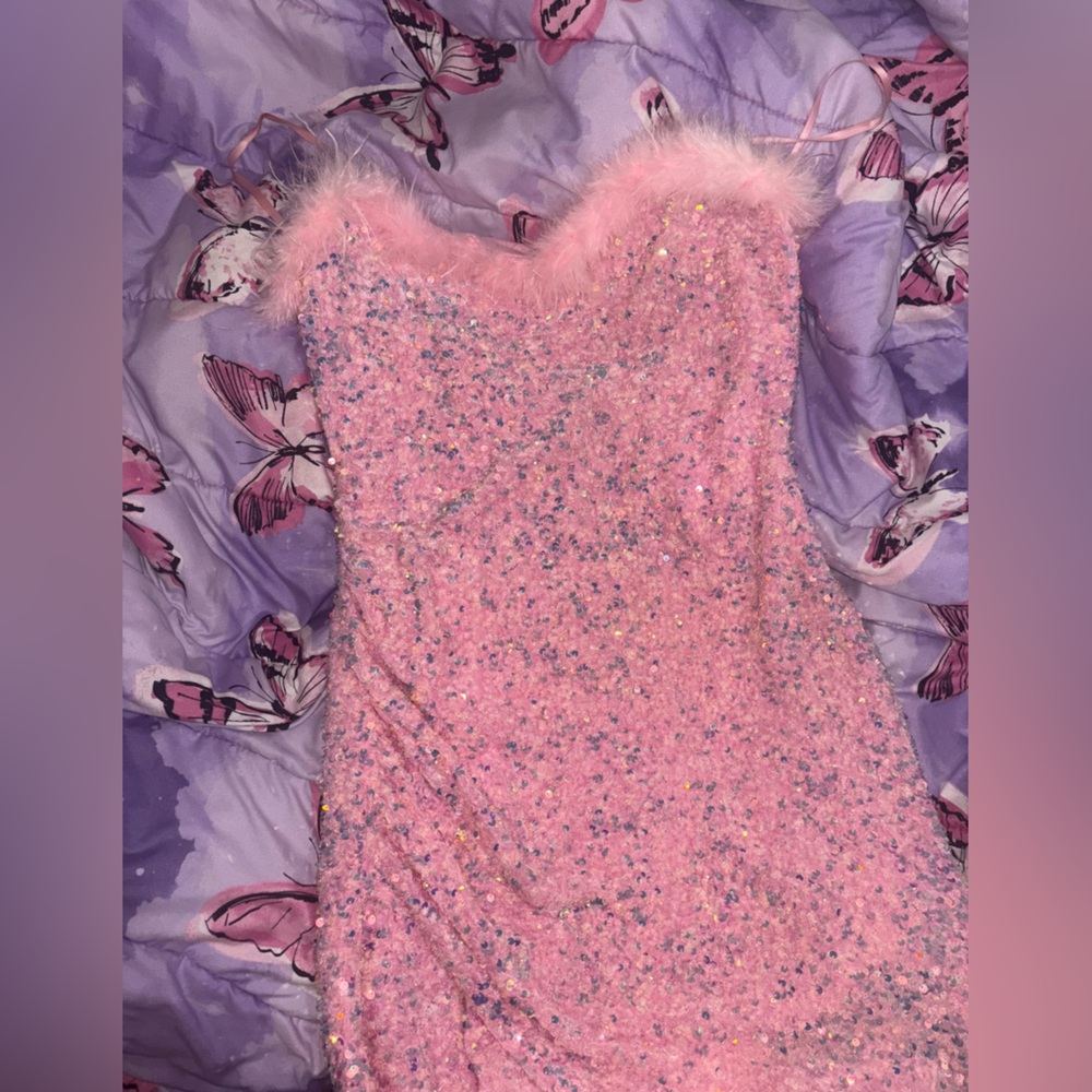Pink Sequin Dress with Feather Trim